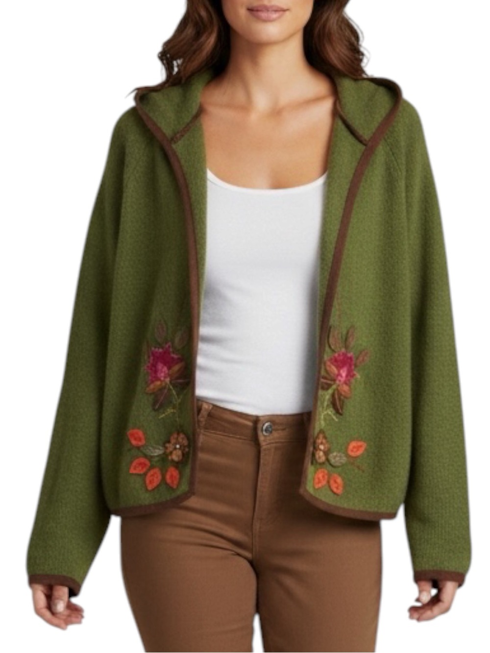 EASEL Open Front Hooded Sweater w/ Appliqués in Olive Green Size Large